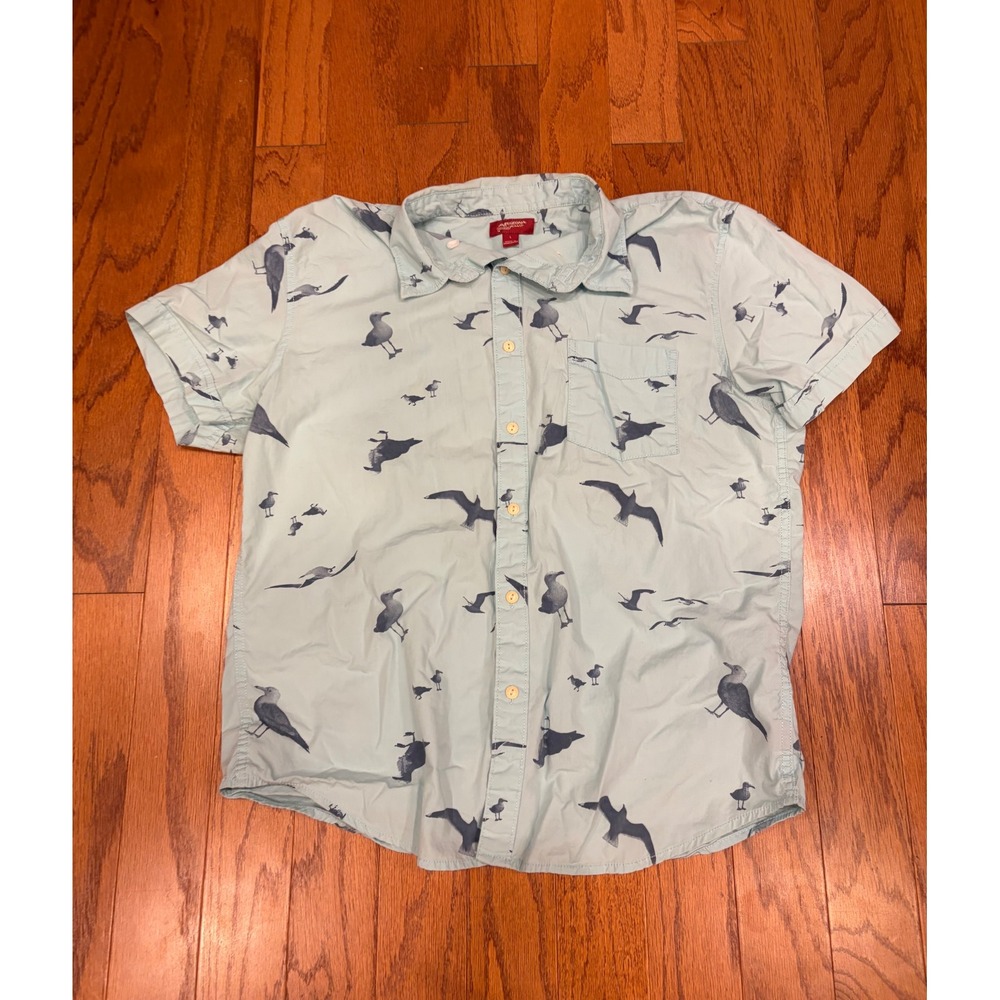 Arizona Jean Co Mens Short Sleeve Button Down Shirt Blue Seagull Print Size L